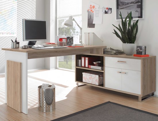 Bureau Klopp - chêne/blanc - Bega Consult - Bureaux d'angle - Blanc|Brun - Panneaux de particules - Bureaux d'angle