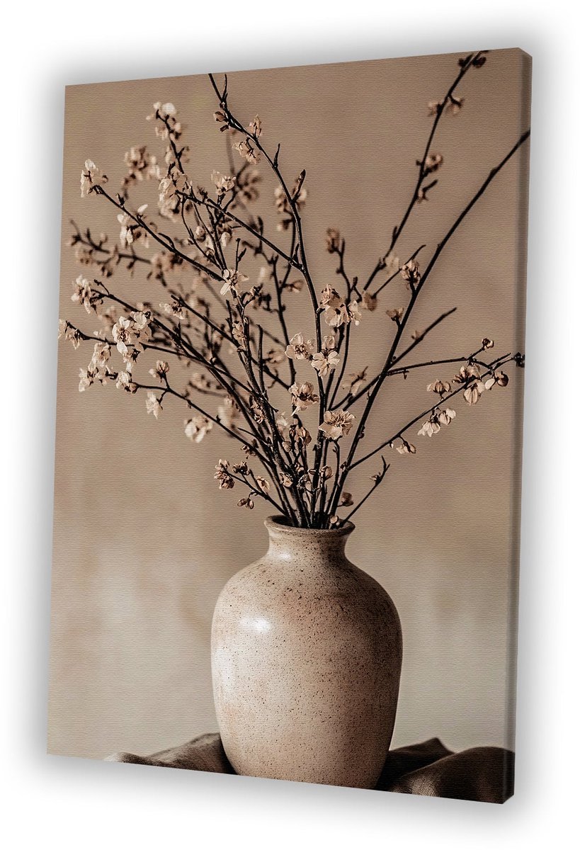 Keramieken vaas met takken - Stilleven - Woonkamer schilderijen - Japandi - Huis decoratie