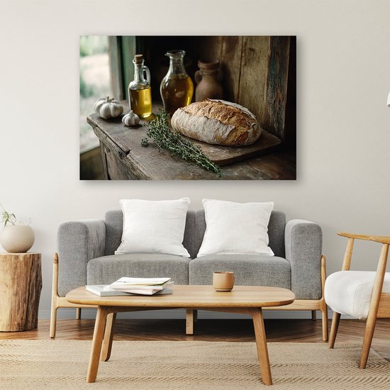 Cadre rustique avec du pain - Toile d'art de pain - Décoration murale sur toile alimentaire - Nature morte - Design sur le mur - Peinture sur toile salon - toile 90x60 cm
