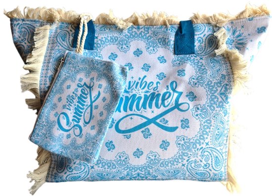 Beach bag-Strand tas-Summer vibes-Franje-Bohemian style-Ibiza style-52cmx35cmx17cm-Licht blauw