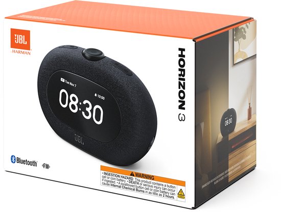 Verpakking van de JBL Horizon 3, met een afbeelding van de zwarte wekkerradio en de tekst "HORIZON 3".