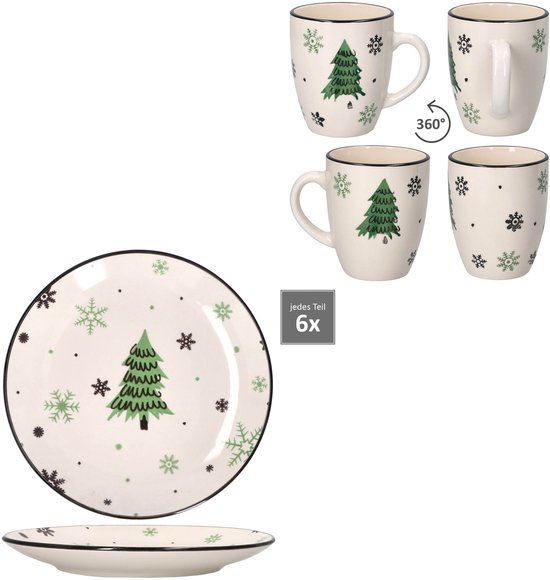 MamboCat Kerstboom 12-delige ontbijtset, 6 x kleine ontbijtborden en koffiebekers voor 6 personen, met dennenboom en sneeuwvlokken, Kerstmis MamboCat Kerstboom 12-delige ontbijtset, 6 x kleine ontbijtborden en koffiebekers voor 6 personen, met dennenboom en sneeuwvlokken, Kerstmis