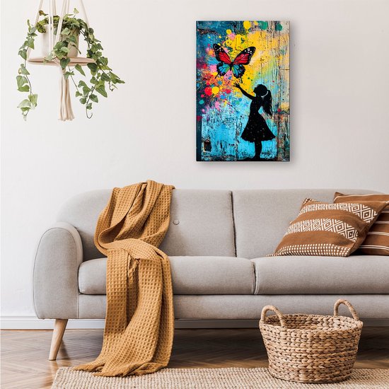 Kleurrijke vlinder en silhouet meisje - Vlinder canvas schilderijen - Kunstwerk meisje - Street Art - Klassiek schilderijen - Muurdecoratie - canvas 80x120 cm