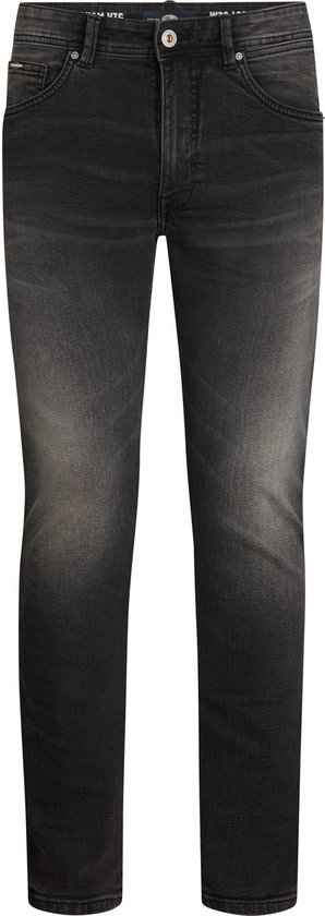 Zwarte slim fit jeans met vintage wassing, vijf zakken en een knoopsluiting.
