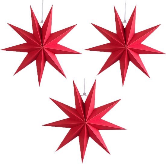 3 stuks Kerstmis 3D-papieren ster rood 30 cm ophangende vouwsterren 9 punten papieren sterren kerststerren ter decoratie van raam kerstboom advent.