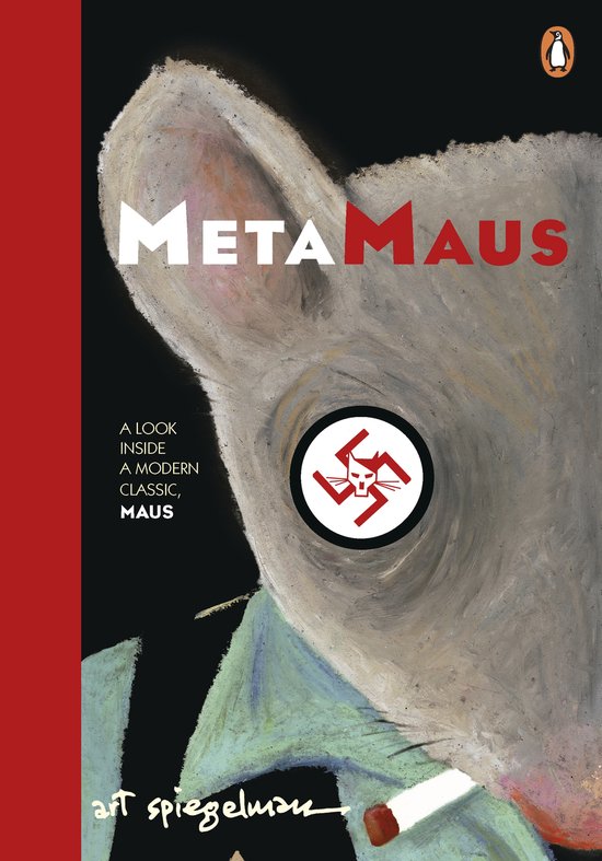 Boekomslag van MetaMAUS met een close-up van een muizenhoofd met een hakenkruis-symbool op het oog. Tekst: A LOOK INSIDE A MODERN CLASSIC, MAUS. Door Art Spiegelman.