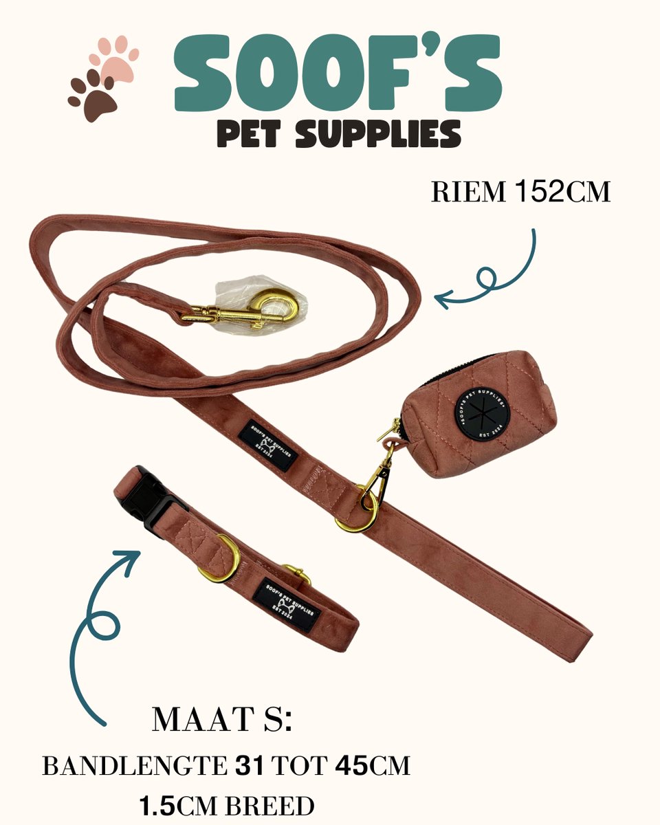 Complete set halsband, riem en poepzakhouder - Volledige hondenset - Soof's Pet Supplies - Maat S Roze - Nekomvang: 31 t/m 45 cm Hondenhalsband en lijn - Halsband en riem voor kleine honden - Hondenbenodigdheden