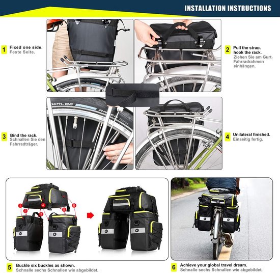 Fietstas, multifunctioneel, bagagedragertas, scheurvast, grote bagagetassen met regenhoes