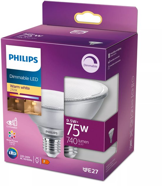 Philips Dimmable LED PAR30S spot, 9.5W = 75W, 740 lumen, 2700K warm wit.