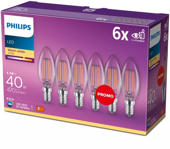 Philips LED kaars – 40W – E14 – warmwit – 6 stuks