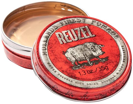 Open rood Reuzel pomadeblik met een varken, "WATER SOLUBLE HIGH SHEEN".