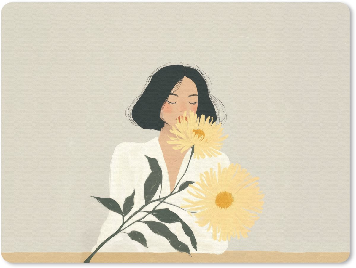 Muismat 23x19 cm - Mousepad Vrouw - Bloem - Geel - Minimalistisch - Muismatten