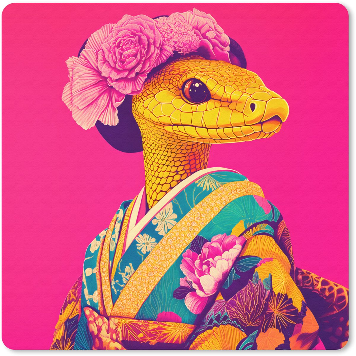 Muismat 20x20 cm - Mousepad Hagedis - Bloemen - Roze - Kimono - Muismatten