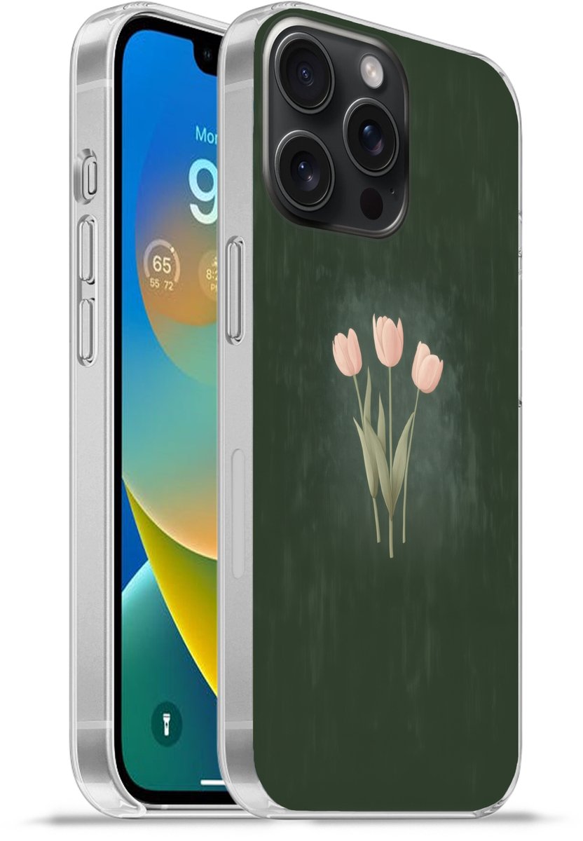 Telefoonhoesje Geschikt voor iPhone 15 Pro Max hoesje - Tulpen - Liefde - Donkergroen - Siliconen Telefoonhoesje Telefoonhoesje