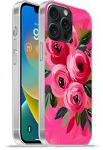 Telefoonhoesje Geschikt voor iPhone 15 Pro Max hoesje - Bloemen - Verf - Roze - Siliconen Telefoonhoesje Telefoonhoesje