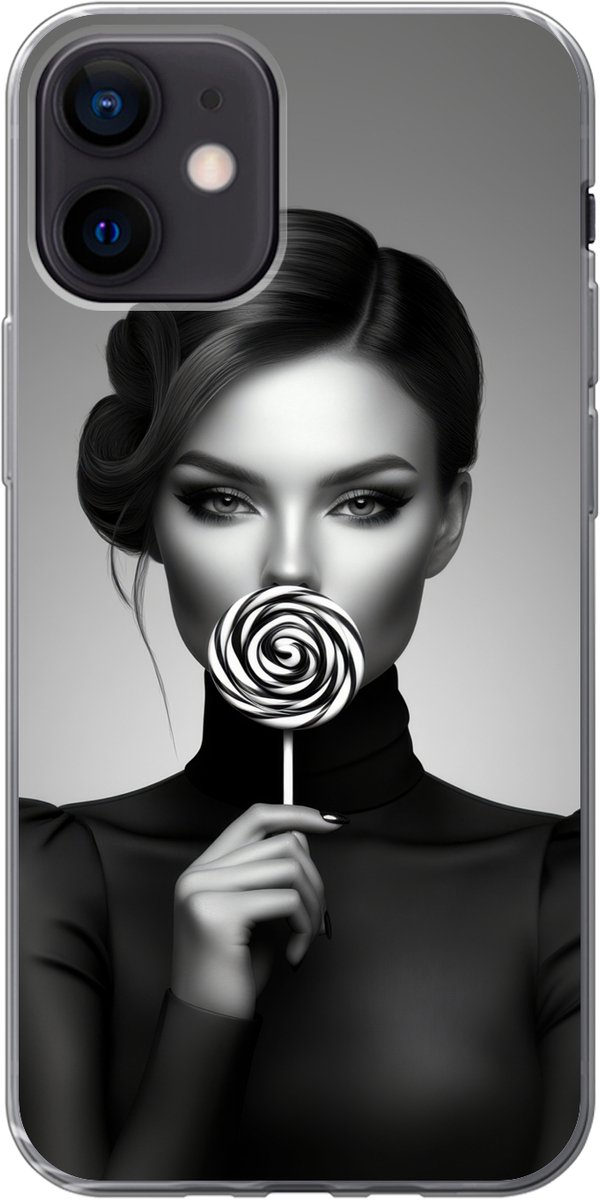 Telefoonhoesje Geschikt voor iPhone 12 hoesje - Vrouw - Lolly - Zwart - Siliconen Telefoonhoesje Telefoonhoesje