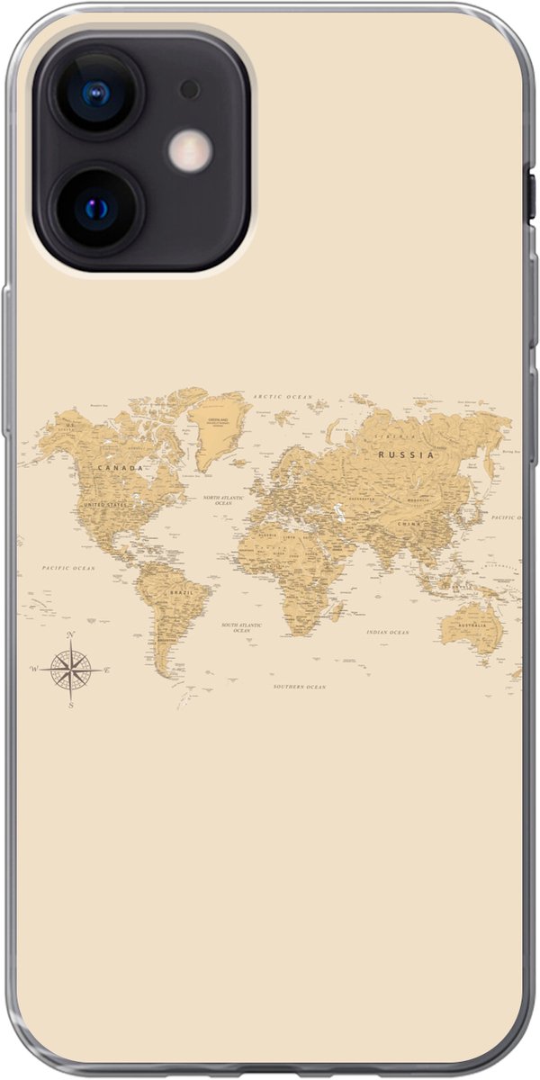 Telefoonhoesje Geschikt voor iPhone 12 hoesje - Wereldkaart - Realistisch - Beige - Siliconen Telefoonhoesje Telefoonhoesje