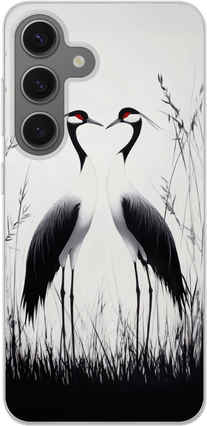 Coque de téléphone compatible avec Samsung Galaxy S25 - Grues - Herbe - Forme de cœur - Zwart - Coque en Siliconen