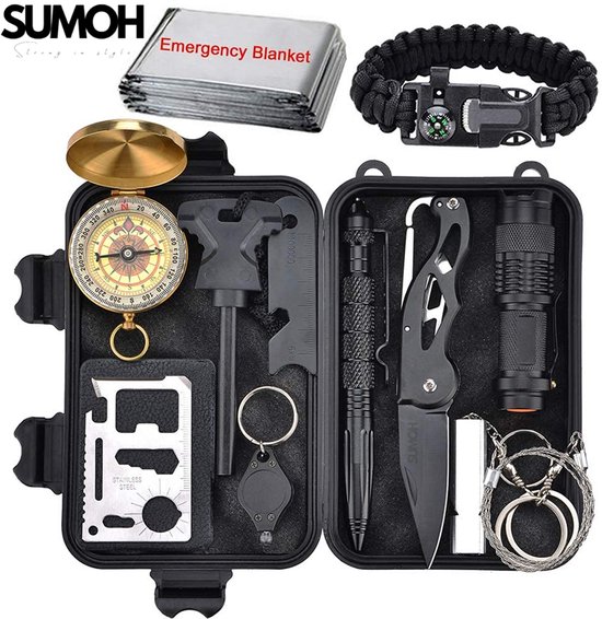Foto: Sumoh complete noodpakket 2025 18 in 1 survival kit noodvoorraad inclusief zaklamp multitool zakmes kompas ehbo vuurstarter voor thuis stroomuitval crisis prepping outdoor kamperen hiking auto reizen