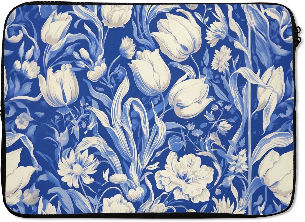 Laptophoes 14 inch - Bloemen - Delfts Blauw - Patroon - Tulp - Laptop sleeve - Binnenmaat 33x23 cm - Zwarte achterkant