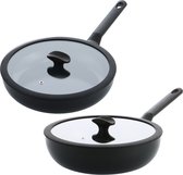 BK Enjoy Pannenset - Wokpan & Hapjespan met deksel 28cm - PFAS vrij - zwart - koelgrepen - ovenbestendig tot 160°