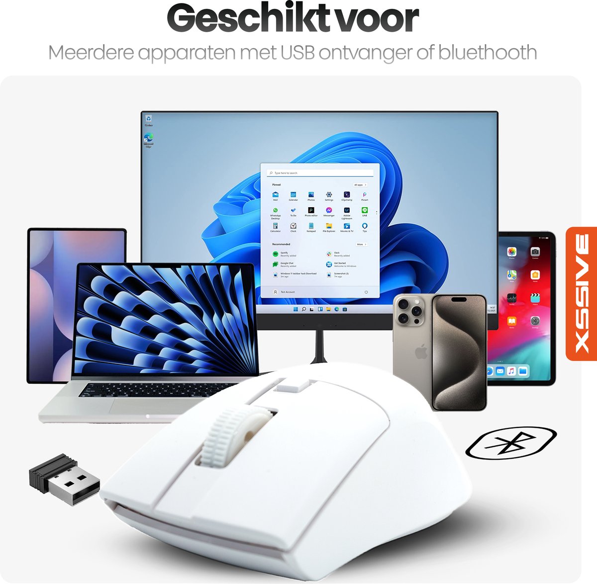 Xssive MS4 Stille Draadloze Muis voor Laptop, Tablet, Telefoon, PC - Bluetooth + Draadloos 2.4G Dongle - Ergonomisch - Wit thumbnail 5