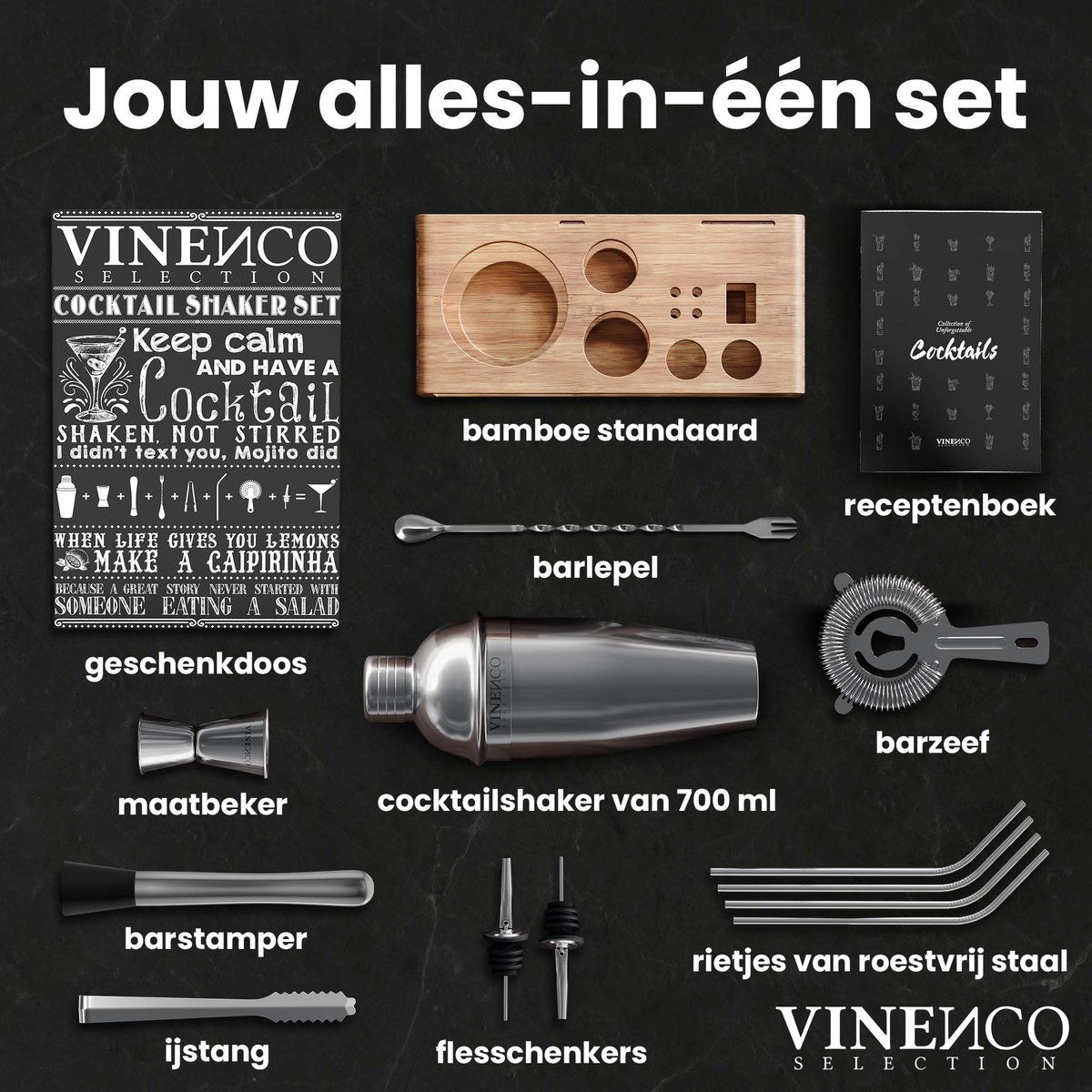 VINENCO Cocktailshaker Set Manhattan met Houten + Recepten Boek: 13 Delig RVS Staal Premium Barkeeper Kit | Prof Cocktail Shaker Bar Accessoires Martini Gin Mojito Longdrinks Party Verjaardag Cadeau Man Vrouw — cadeau in Kookcadeaus - foto 6