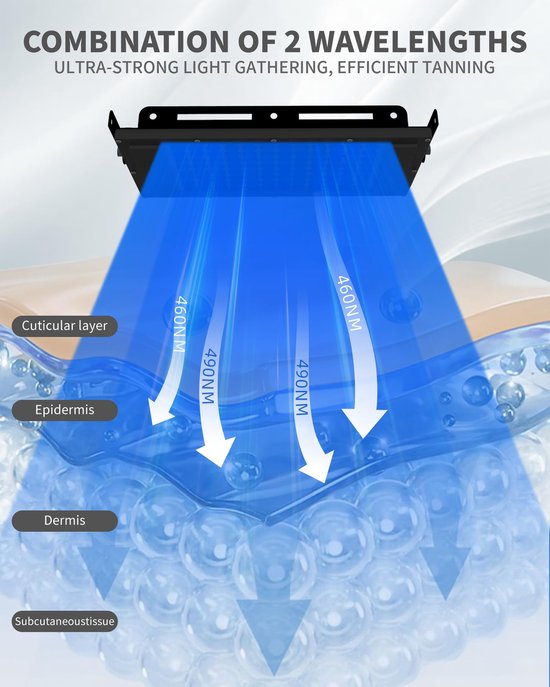 Diagram van een bruiningslamp met 2 golflengtes (460NM en 490NM) die de huidlagen binnendringen.