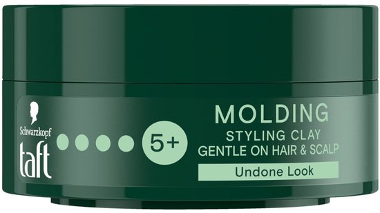 Donkergroene pot met Schwarzkopf & taft logo, 'MOLDING STYLING CLAY' en 'Undone Look'.