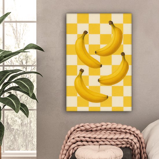 Tableau sur toile 60x90 cm - Décoration murale Bananes - Jaune - À carreaux - Décoration murale salon - Décoration chambre - Accessoires chambre - Peintures sur toile