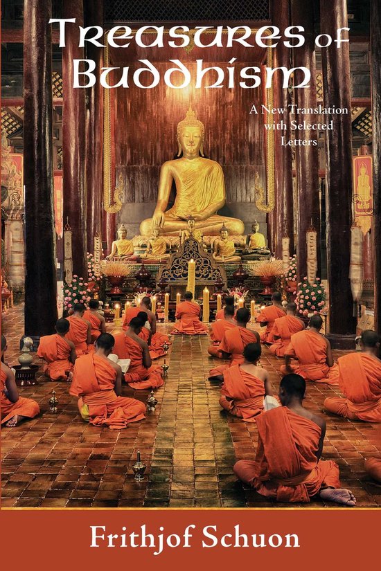 Boek 'Treasures of Buddhism' met een gouden Boeddhabeeld en monniken in oranje gewaden.
