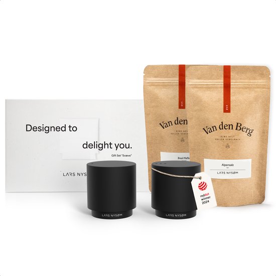 LARS NYSØM Coffret cadeau avec salière, poivrière et épices – Mini salière et poivrière Design avec sel fin des Alpes et poivre du Brésil dans un emballage cadeau attrayant – Noir de carbone