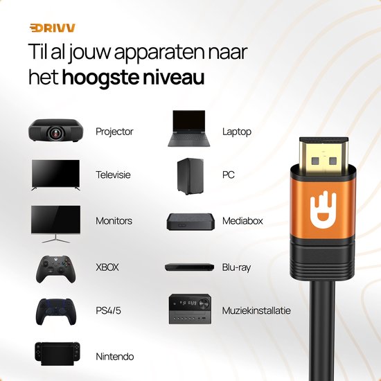 Drivv. Câble HDMI 2.1 Premium - Ultra HD - 8K 60 Hz - 4K 120 Hz - Compatible Xbox Series X et PS5 - 7,5 mètres - Oranje
