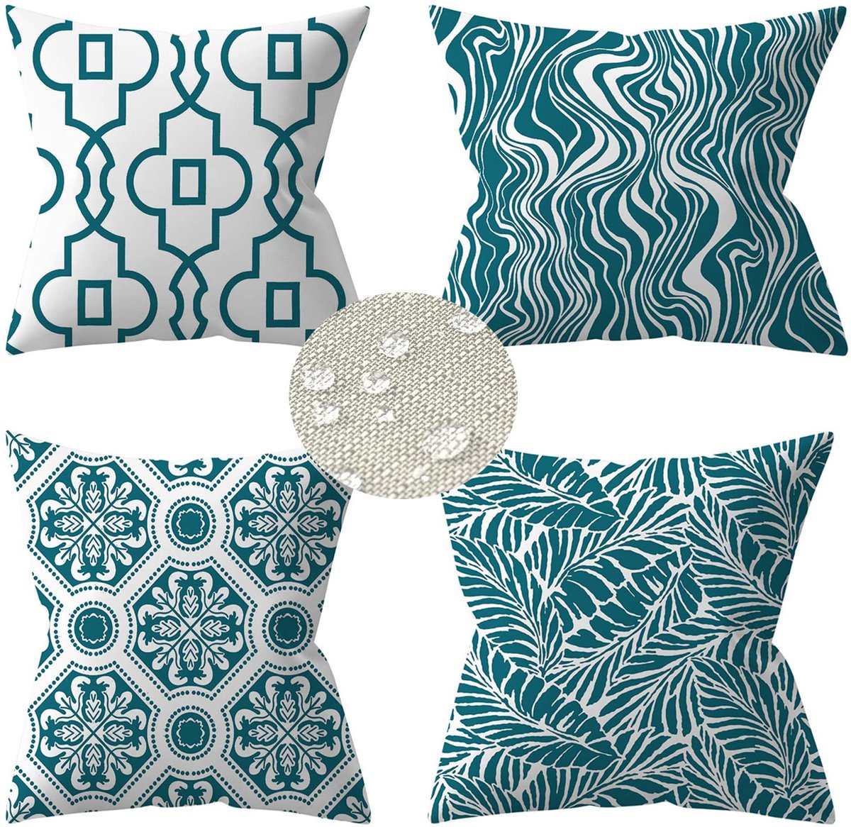 Ibenzoa Set van Vier Geometrische Kussenhoezen van Linnen, Waterdicht, Turquoise, 45 x 45 cm turkoois