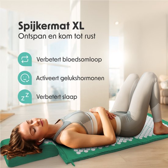 LifeGoods Acupressuur Mat XL - 128x48x2cm - Spijkermat met Kussen - Shakti mat - Spijkermat Incl. 2x Triggerpoint Bal - Groen/Wit