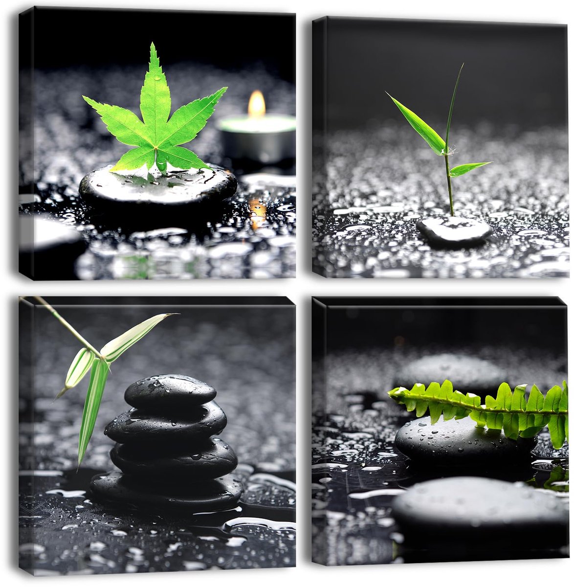 Ibenzoa® Elegant Vierdelige Canvasprint met Groene Bladeren, Regen en Steen - Moderne Wanddecoratie voor Elke Ruimte