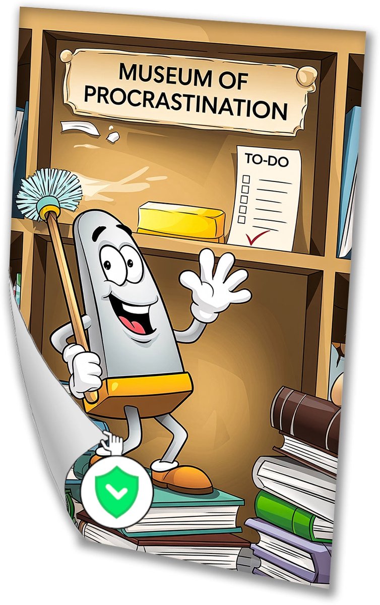 Cartoon in museum met humor - Procrastinatie posters - Posters dweil - Digital Art - Poste