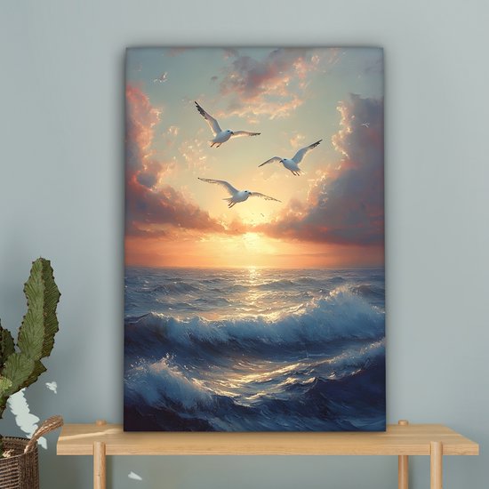 Tableau sur toile 60x90 cm - Décoration murale exclusive Mouettes - Coucher de soleil - Mer - Nuages ​​- Décoration murale salon - Décoration chambre - Accessoires chambre - Peintures sur toile