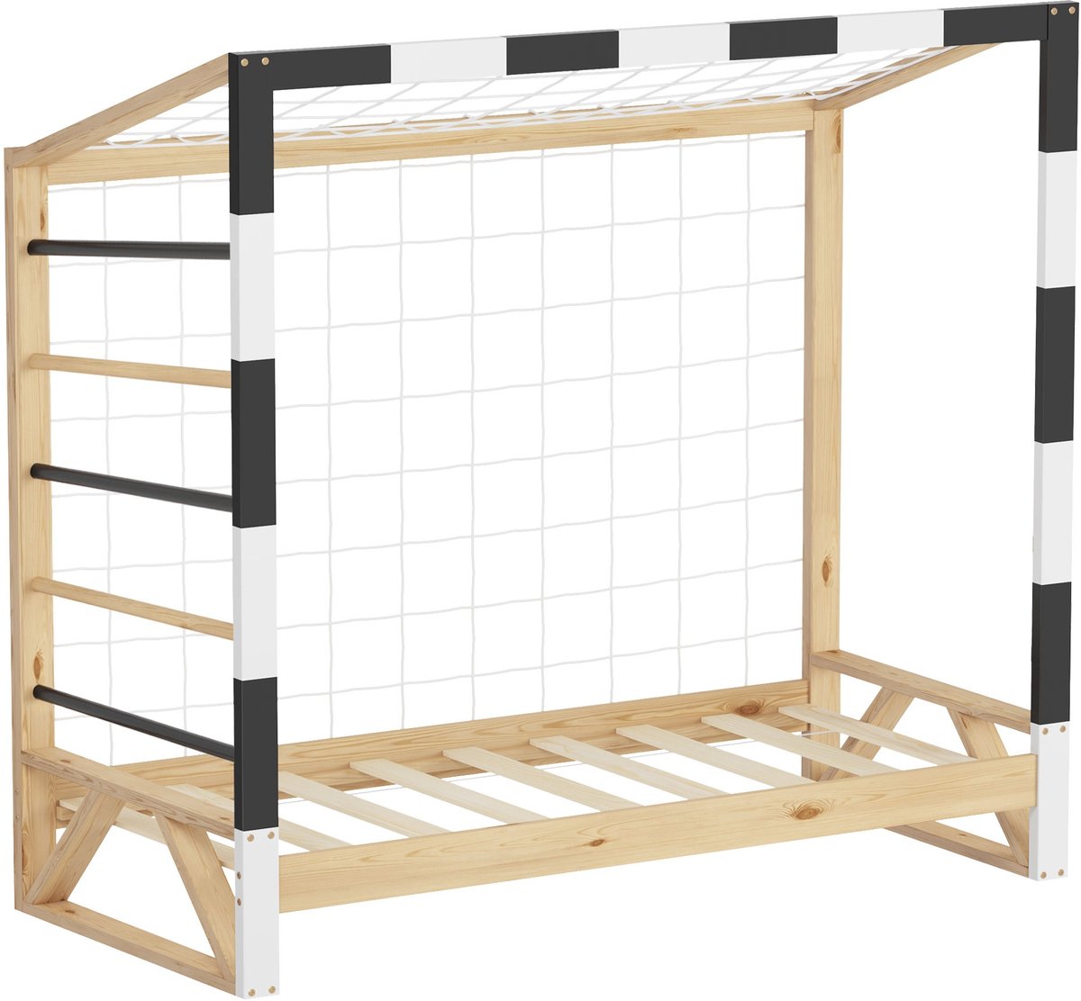 ml-design sportline kinderbed met voetbaldoel 70x140 cm houten tienerbed van massief grenen met lattenbodem klimladder en net zwart-wit jeugdbed met dakconstructie uitvalbeveiliging en speelruimte voor jongens en meisjes