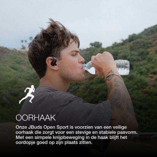 JLab JBuds Open Sport Draadloze Oordopjes - Open Ear Sport Oortjes - 26 uur Batterijduur - IP55 Zweetbestendig - Bluetooth 5.3 - Multipoint - USB C - Zwart