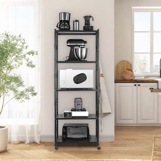 Keukenbakkersrek met 4 niveaus met rollende wielen, magnetron-ovenkarstandaard, verstelbare opbergkast, heavy-duty organiserrek voor woonkamer, garage, huis en kantoor (bruin