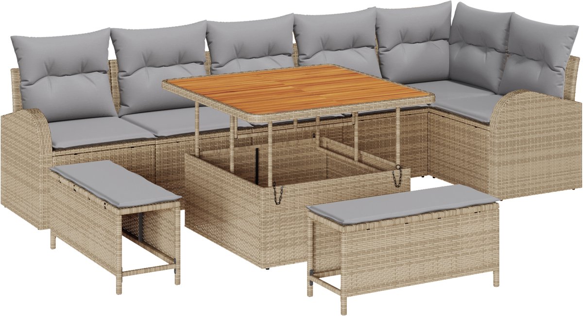 vidaXL - Tuinbank - Set - met - kussen - met - opslag - 9 - pcs - Beige - en - Lichtgrijs