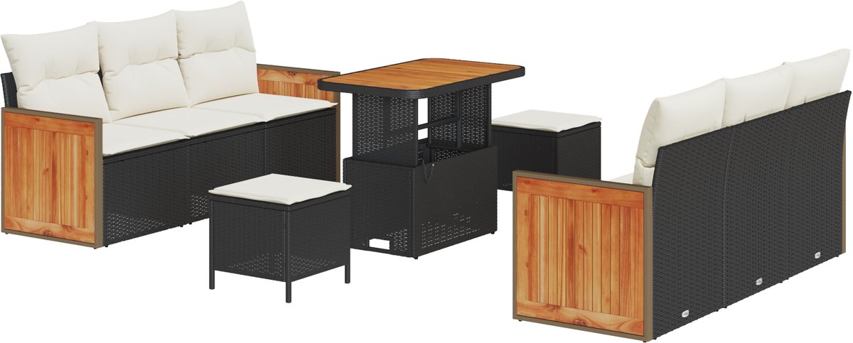 vidaXL - Tuinbank - Set - met - kussen - 9 - pcs - Zwart - en - Crème