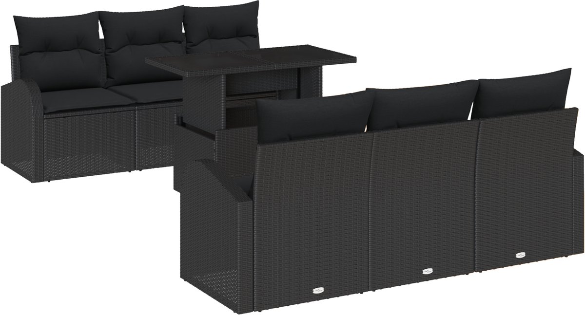 vidaXL - Tuinbank - Set - met - kussen - met - opslag - 7 - pcs - Zwart - Poly - Riet