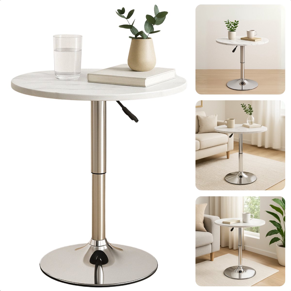 Cheqo Luxe Ovale Bijzettafel - Verstelbare Ovale Tafel - Marmer Look - Salontafel Draaibaar - MDF & Metaal - Wit