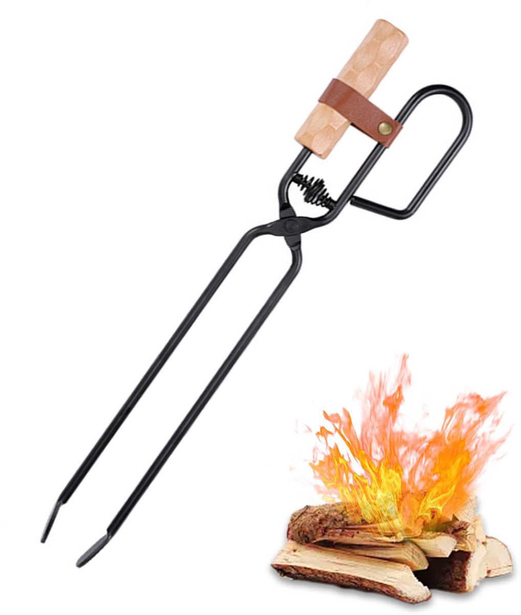 Haardklem - Houten handvat voor brandhout - Geschikt voor vuurkorven, kampvuur barbecue, houtskoolklem - Stevige eendenbek-brandklem - Geschikt voor kamperen, barbecueën, koken binnen en buiten - Zwart, houtkleur