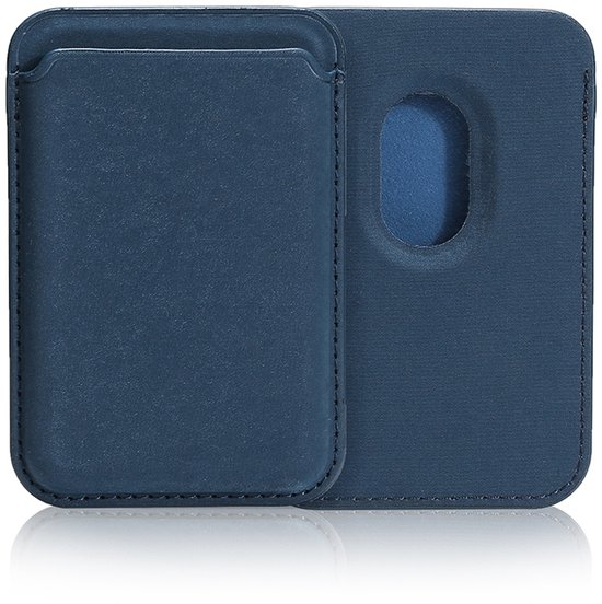 Navy blauwe magnetische kaarthouder, voor- en achterkant zichtbaar.
