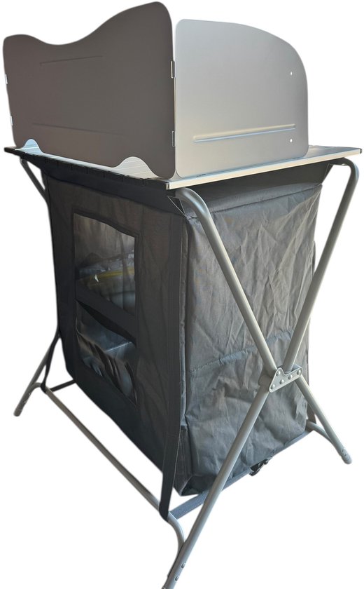 HEM Campingkeuken - opvouwbare campingkast - reiskeuken met hittebestendig werkblad en windscherm - buitenkeuken voor voortent, caravan of autocamping - met opbergvakken en draagtas - grijs van Merkloos — afbeelding 4