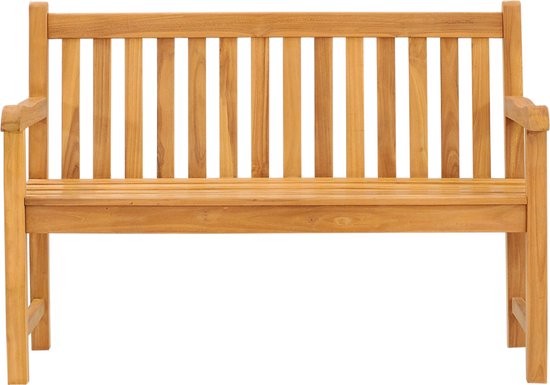 Houten tuinbank van voren gezien, met verticale spijlen in de rugleuning.