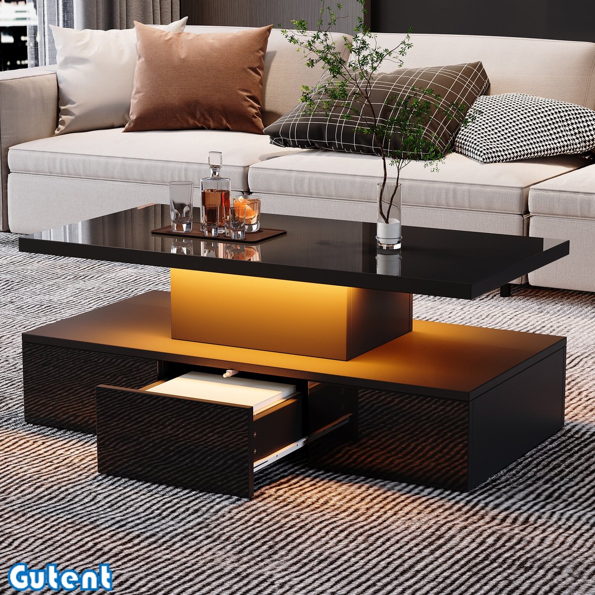 Gutent Salontafel - met 16 kleuren LED verlichting - 2 Tier Salontafel - Hoogglans Woonkamertafel - 1 Schuiflade - Rechthoekig - Zwart